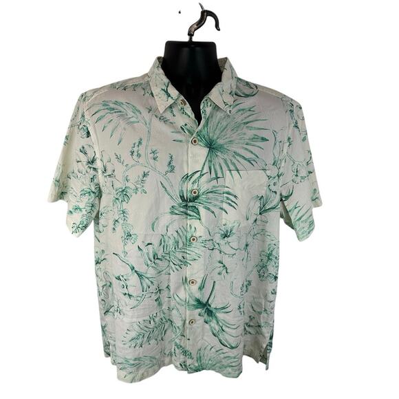 Tommy Bahama Silk Blend Hawaiian Shirt Green White Tropical Floral Size Large - Picture 1 of 13
